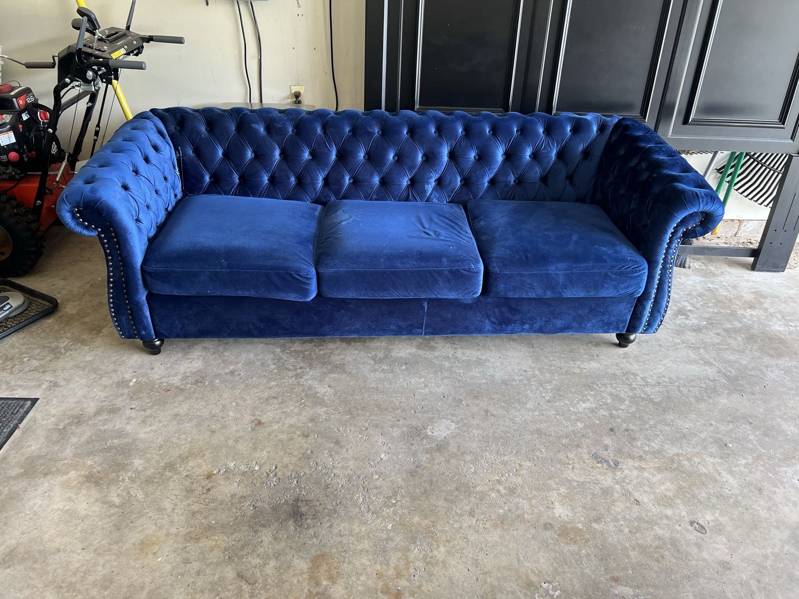 Blue Velvet Tufted Sofa - Minor Imperfections, Great Value Statement Piece