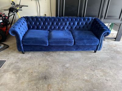 Blue Velvet Tufted Sofa - Minor Imperfections, Great Value Statement Piece