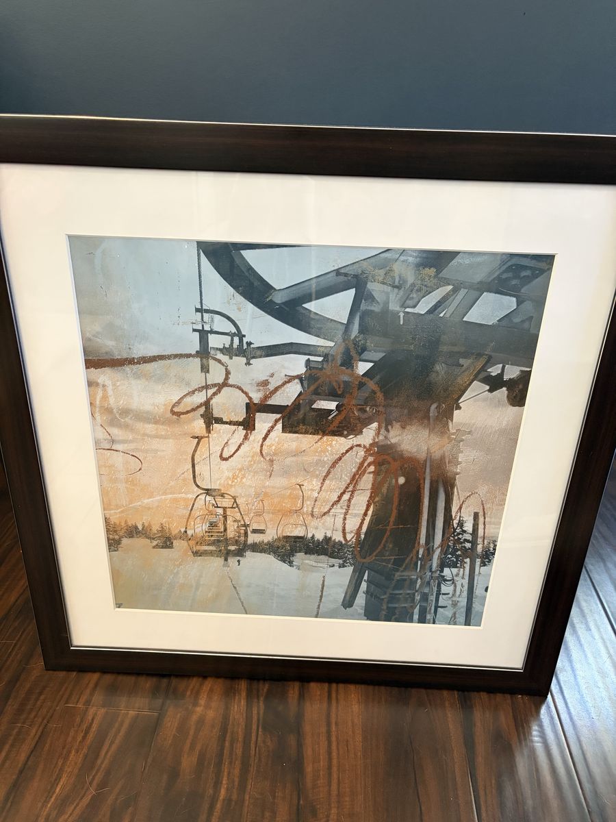 Framed Ski Lift Art Print - Modern Abstract Winter Landscape Wall Decor, Dark Wood Frame