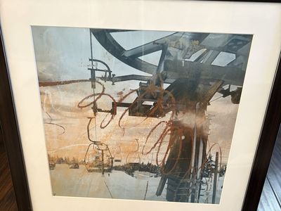 Framed Ski Lift Art Print - Modern Abstract Winter Landscape Wall Decor, Dark Wood Frame