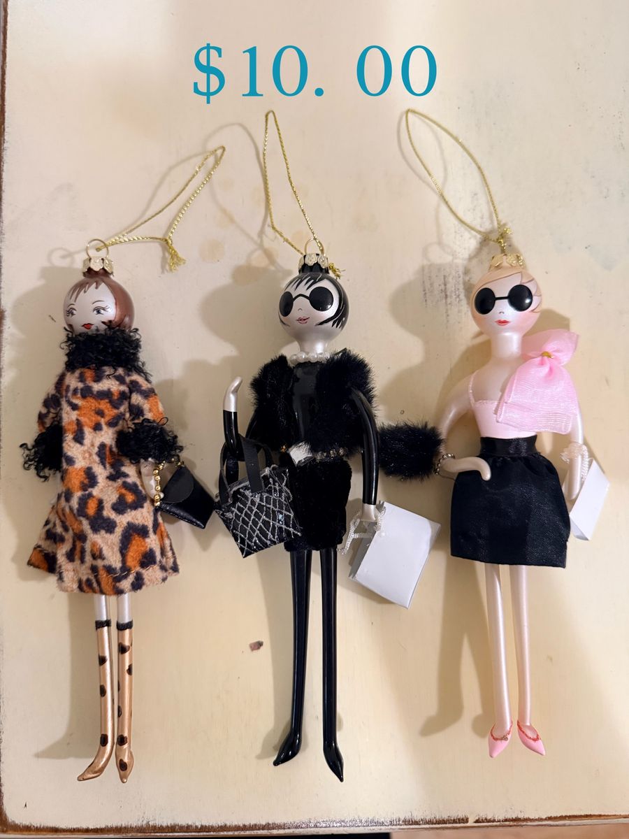 Set of 3 Fashionista Diva Christmas Ornaments Glass Figurines