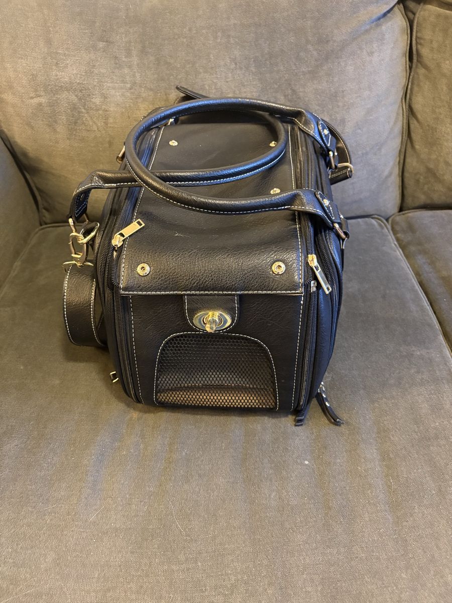 Black Leather Small Pet Carrier with Mesh Windows and Shoulder Strap