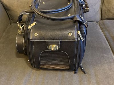 Black Leather Small Pet Carrier with Mesh Windows and Shoulder Strap