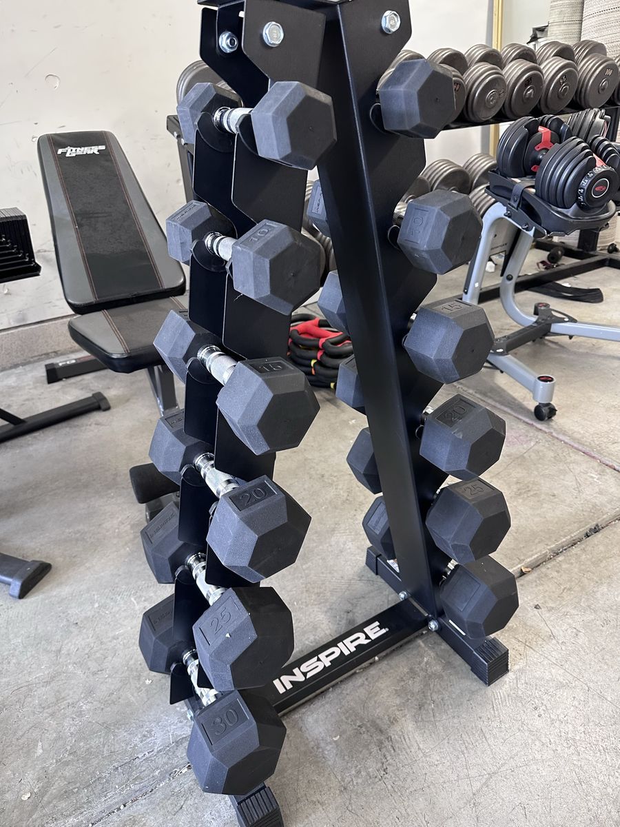 Inspire Rubber Hex Dumbbell Set & Rack
