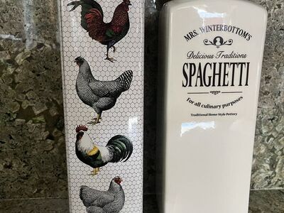 Nice Rooster & Chicken Tin and a Spaghetti Canister/Storage Container - England