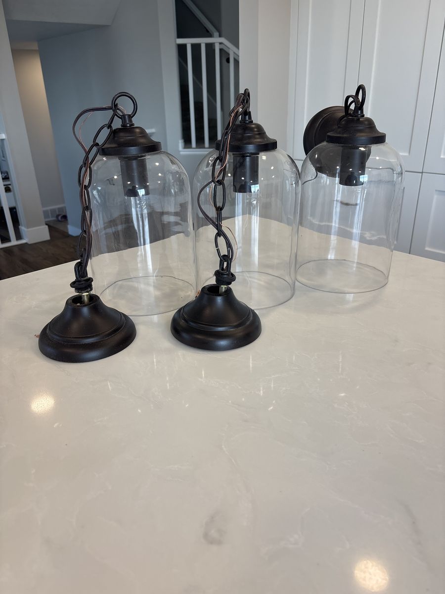 3 Clear Glass & Bronze Pendant/Wall Mount Light Fixtures - Bell Jar Design