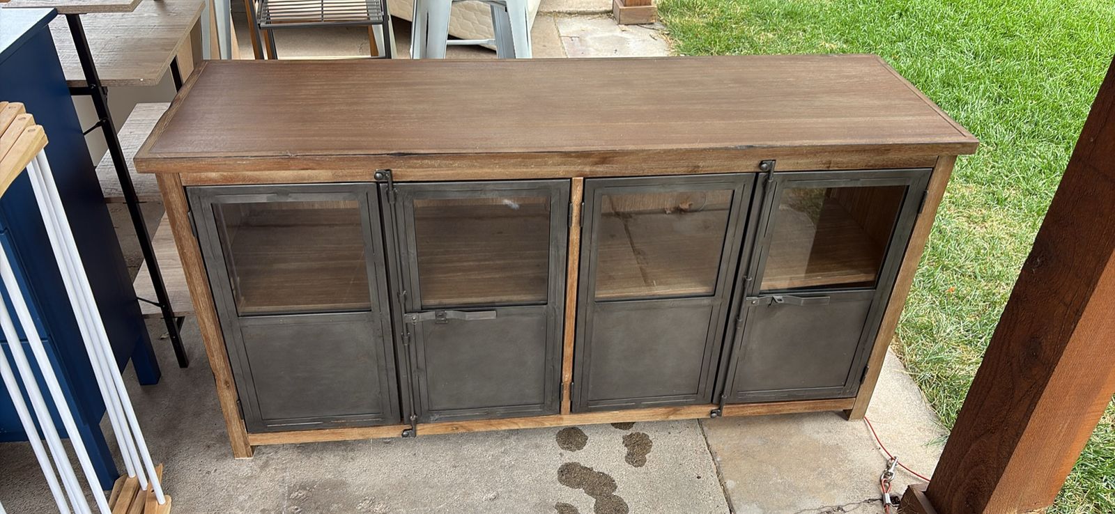 Rustic Industrial Wooden Credenza Console with Metal and Glass Doors