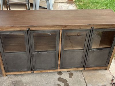 Rustic Industrial Wooden Credenza Console with Metal and Glass Doors