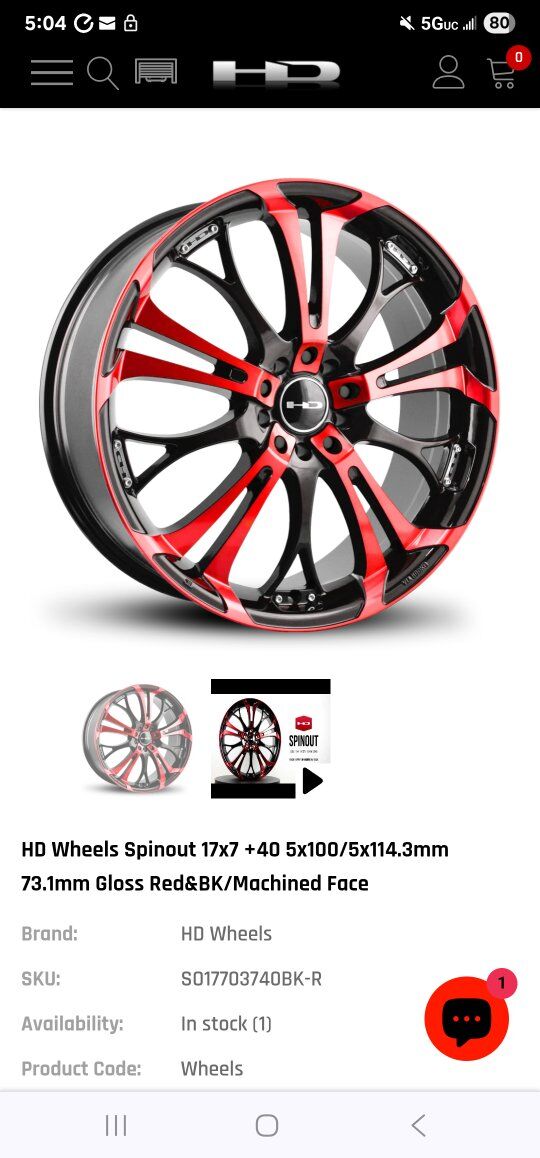 HD Wheels Spinout 17x7 rims X2 Black/Red
