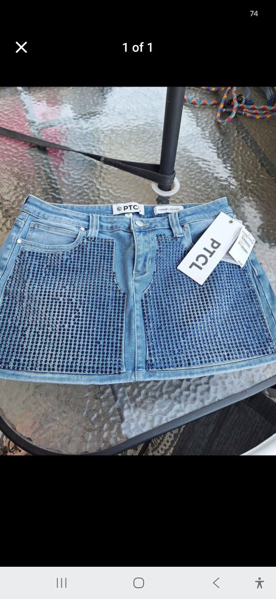 PTCL Light Wash Denim Mini Skirt with Blue Studs - Size XL - New with Tags
