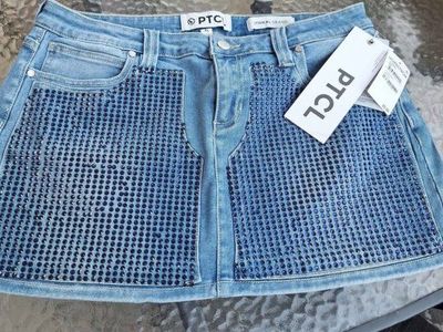 PTCL Light Wash Denim Mini Skirt with Blue Studs - Size XL - New with Tags