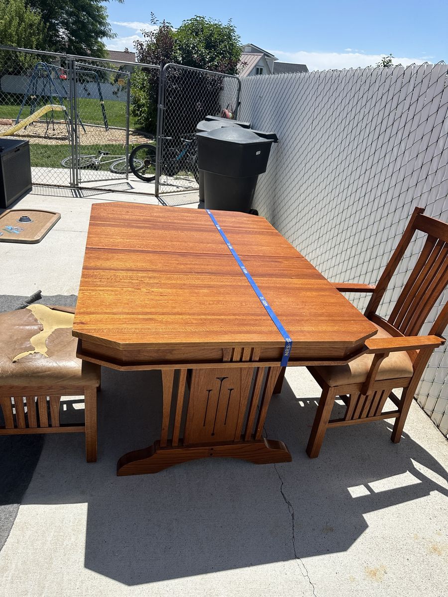 Oak Dining Table with 4 Chairs - Arts and Crafts Style Wooden Kitchen Set