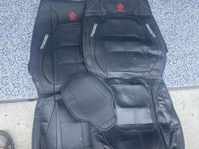 SMKD Original Black PU Leather Car Seat Covers - Red Stitching - Full Set