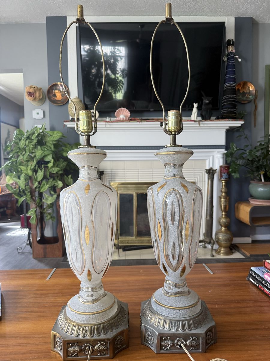 Vintage Mid Century Frosted Glass with Gold Trim Table Lamps