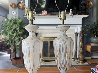 Vintage Mid Century Frosted Glass with Gold Trim Table Lamps