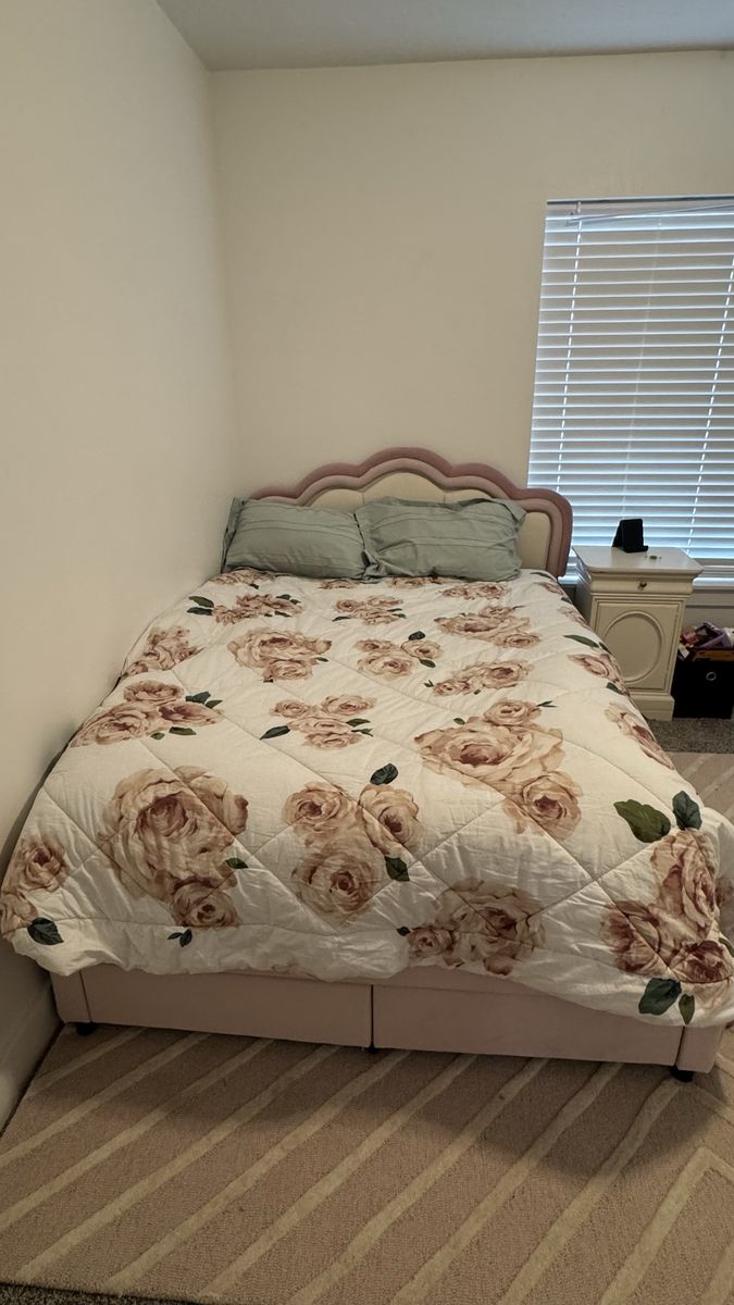 Full Size Bed Frame & Mattress - Pink Scalloped Headboard, Storage Base - Used Less Than 1 Year