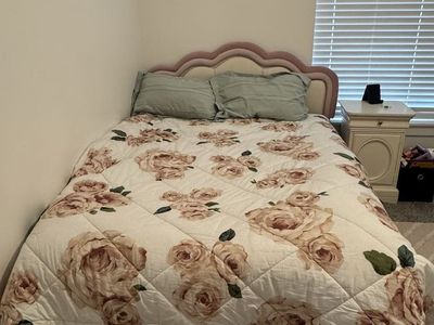 Full Size Bed Frame & Mattress - Pink Scalloped Headboard, Storage Base - Used Less Than 1 Year