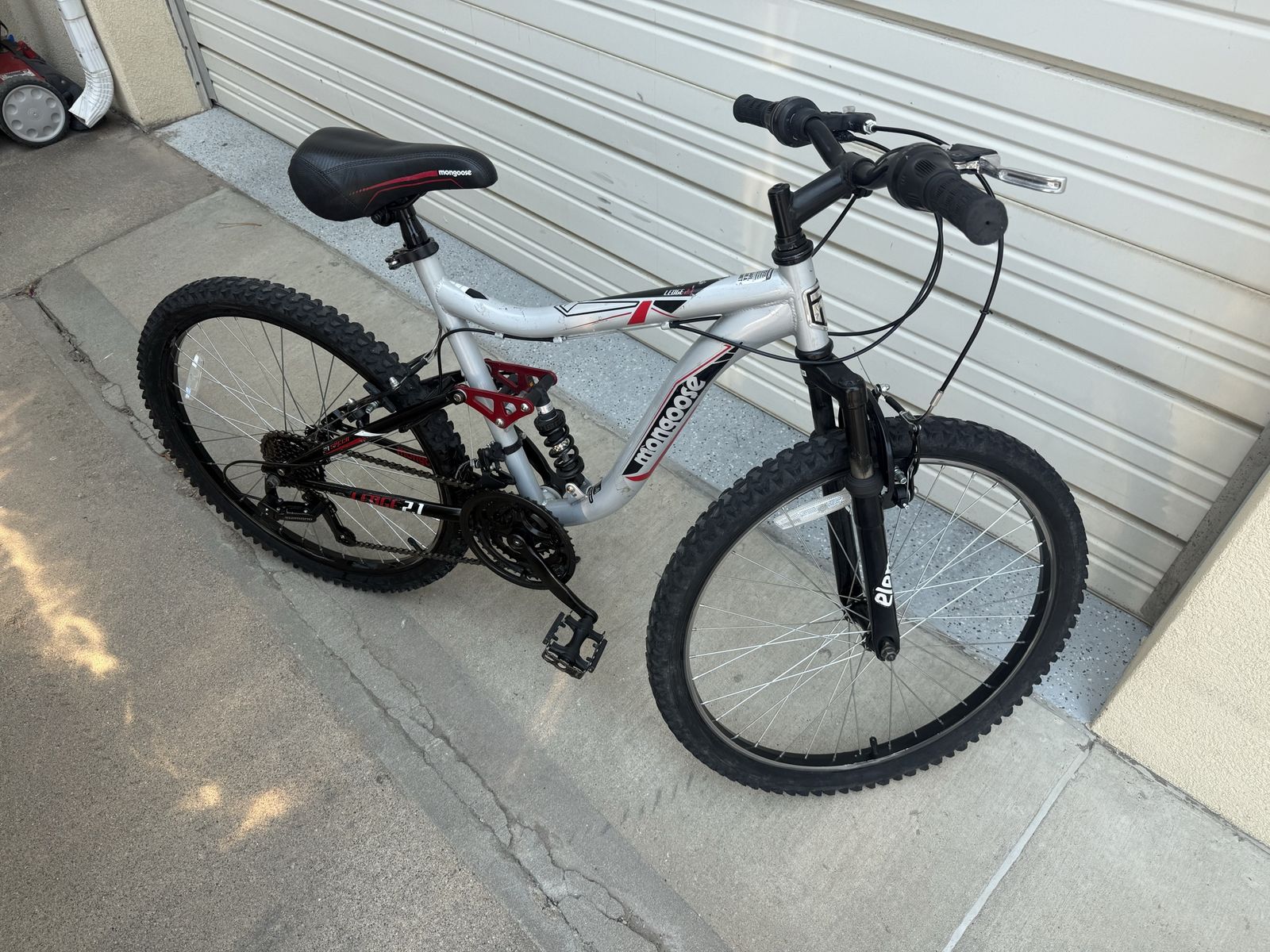 Mongoose Ledge 2.1 Adult Mountain Bike - Silver Full Suspension, 21-Speed, 24” Wheels