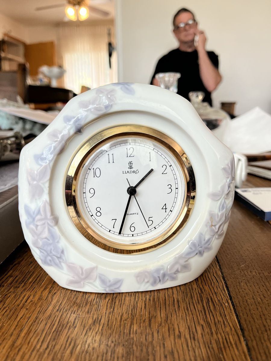 Lladro Quartz Floral Tabletop Clock - White Porcelain with Gold Trim