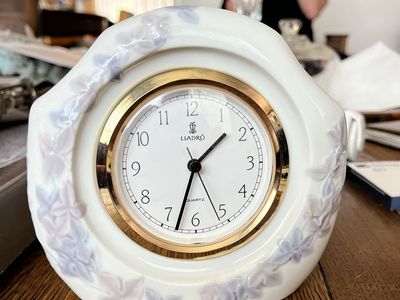 Lladro Quartz Floral Tabletop Clock - White Porcelain with Gold Trim