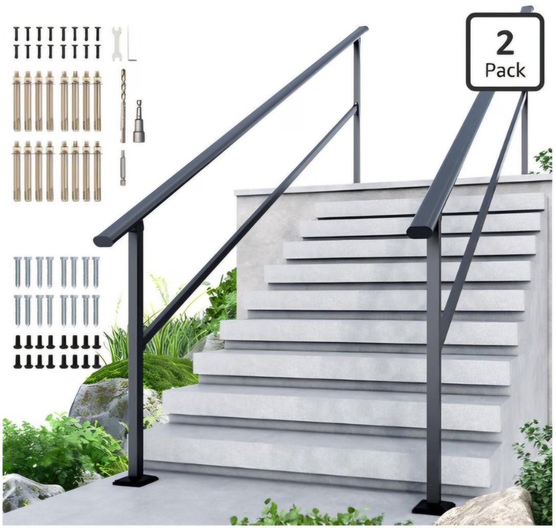 DIYHD 10 Step Handrail for Outdoor,Powder Coated Iron Stair Railing,Black Hand Rails for Indoor, Porch,Deck,2 Pack
