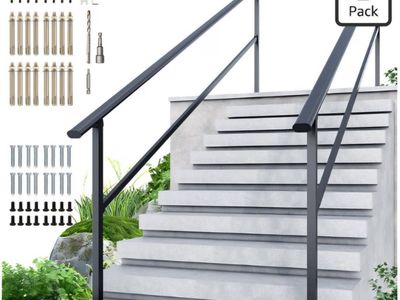 DIYHD 10 Step Handrail for Outdoor,Powder Coated Iron Stair Railing,Black Hand Rails for Indoor, Porch,Deck,2 Pack