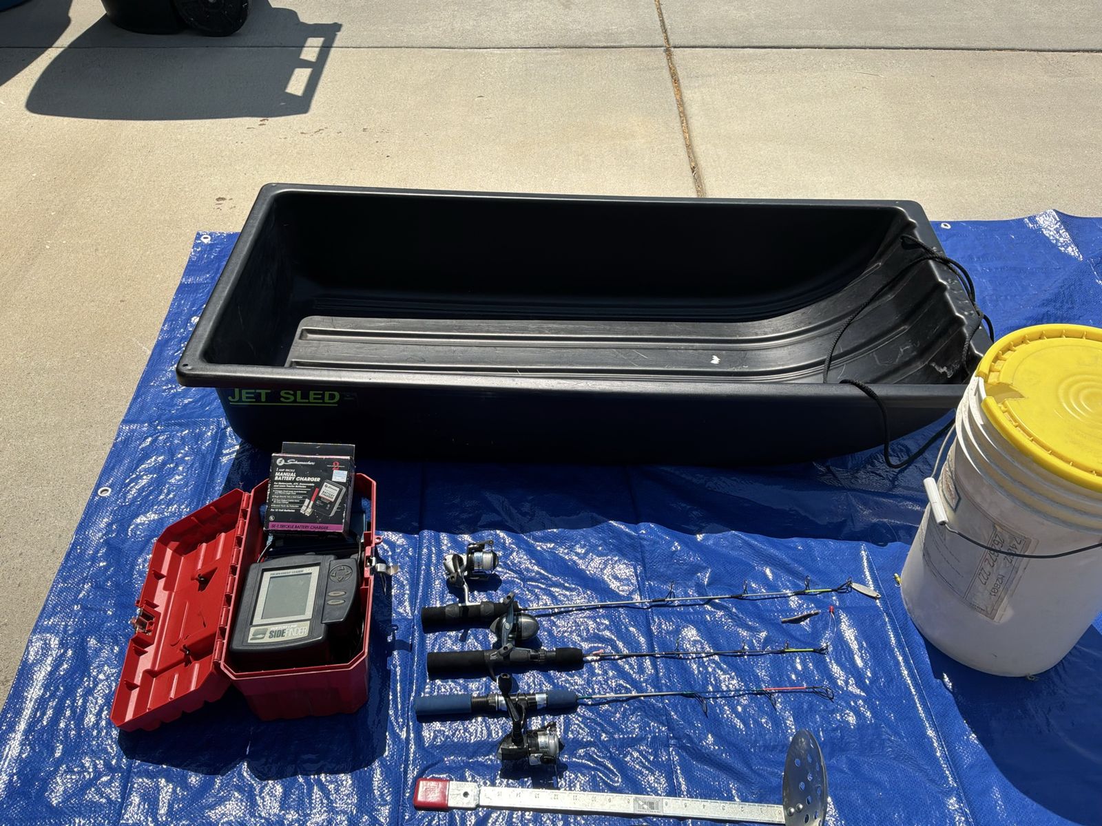 Ice Fishing Gear Lot - Jet Sled, 3 Rod & Reel Combos, Fish Finder, Ice Skimmer & Bucket