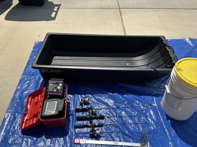 Ice Fishing Gear Lot - Jet Sled, 3 Rod & Reel Combos, Fish Finder, Ice Skimmer & Bucket