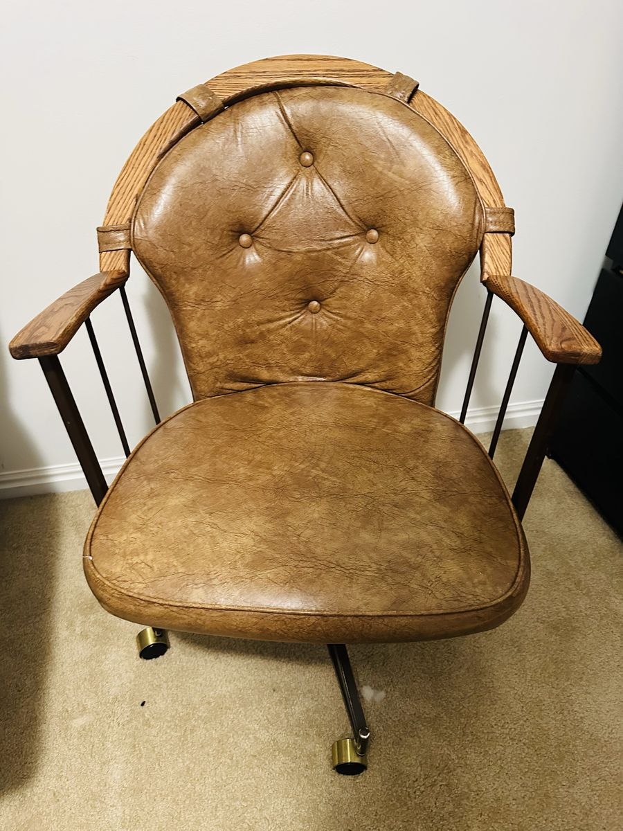 Vintage Mid-Century Modern Brown Leatherette Office Chair with Wood Arms and Swivel Base