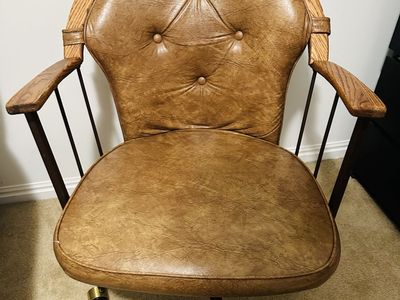 Vintage Mid-Century Modern Brown Leatherette Office Chair with Wood Arms and Swivel Base
