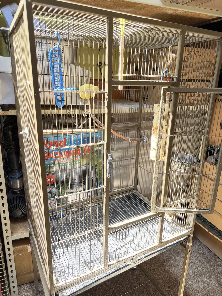 Large Heavy Duty Brown Bird Cage Aviary with Stand Play Top Pull Out Tray Secure Lock Rolling Wheels Parakeet finch cage