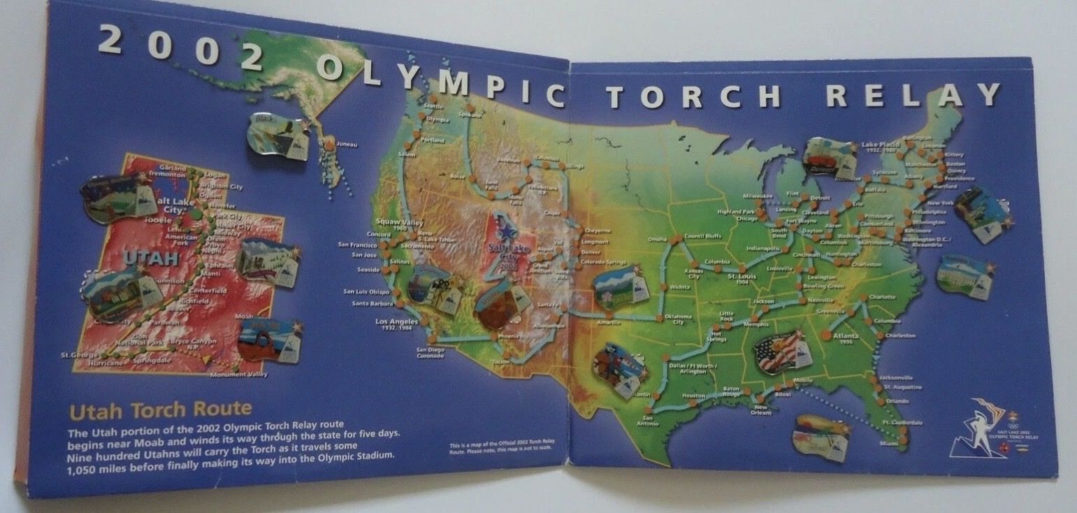2002 Salt Lake City Winter Olympics Torch Relay Souvenir Map with 14 Commemorative Pins