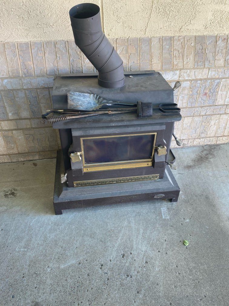 Wood Burning Stove with Flue Pipe and Fireplace Tools