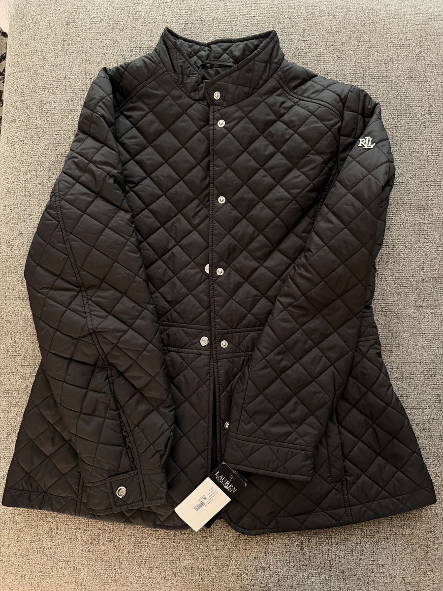 Lauren Ralph Lauren Black Diamond Quilted Jacket - RL Logo, Snap Closure, Women's Size M , Long Sleeve with Pockets