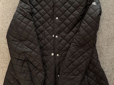Lauren Ralph Lauren Black Diamond Quilted Jacket - RL Logo, Snap Closure, Women's Size M , Long Sleeve with Pockets