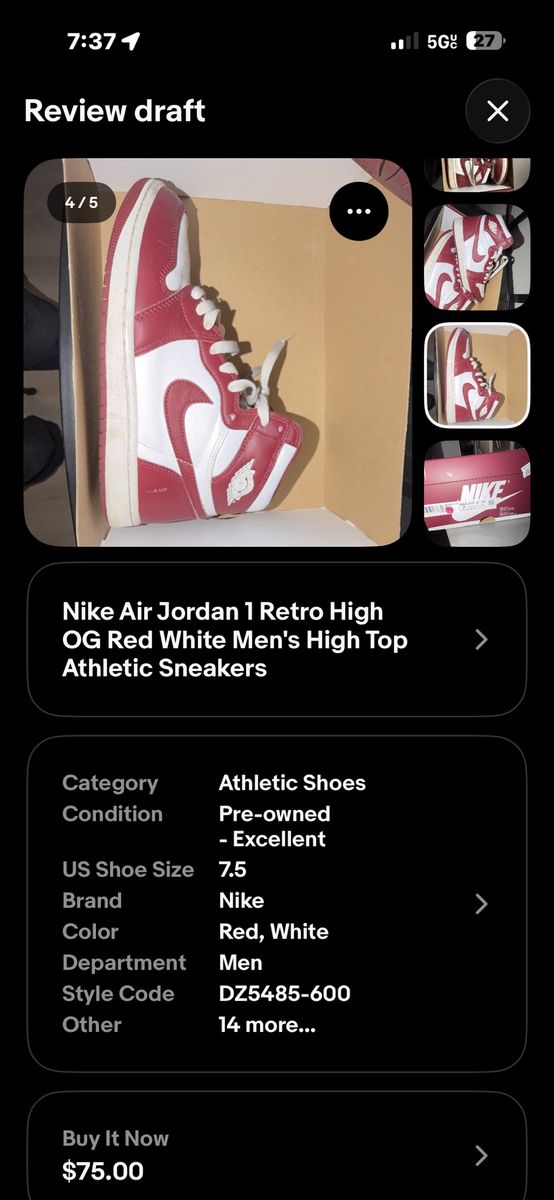 Nike Air Jordan 1 Retro High OG Red White Men's Athletic Sneakers US Size 8 DZ5485-600