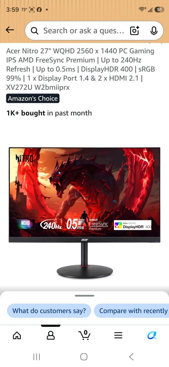Acer Nitro XV272U 27" WQHD 2560x1440 IPS 240Hz 0.5ms FreeSync Premium Gaming Monitor