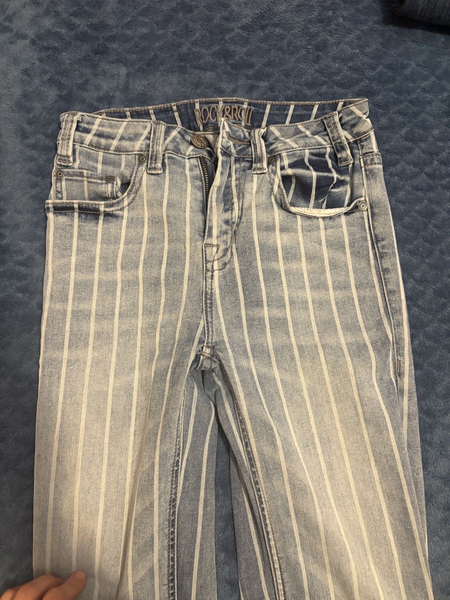 Rock & Roll Striped Denim Jeans Distressed Raw Hem