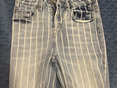 Rock & Roll Striped Denim Jeans Distressed Raw Hem