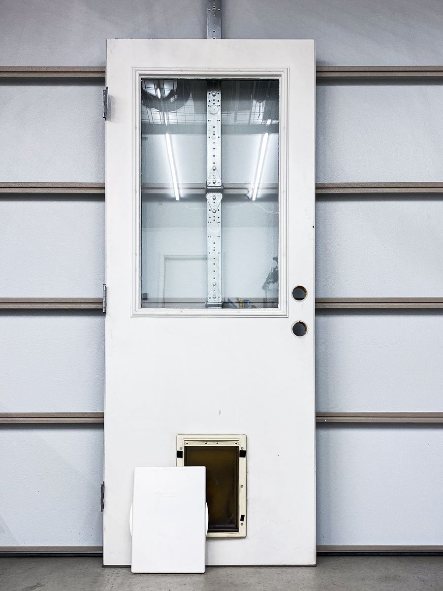 FS: 79x32 Right-Hand Swing Exterior Door with window and small petsafe door