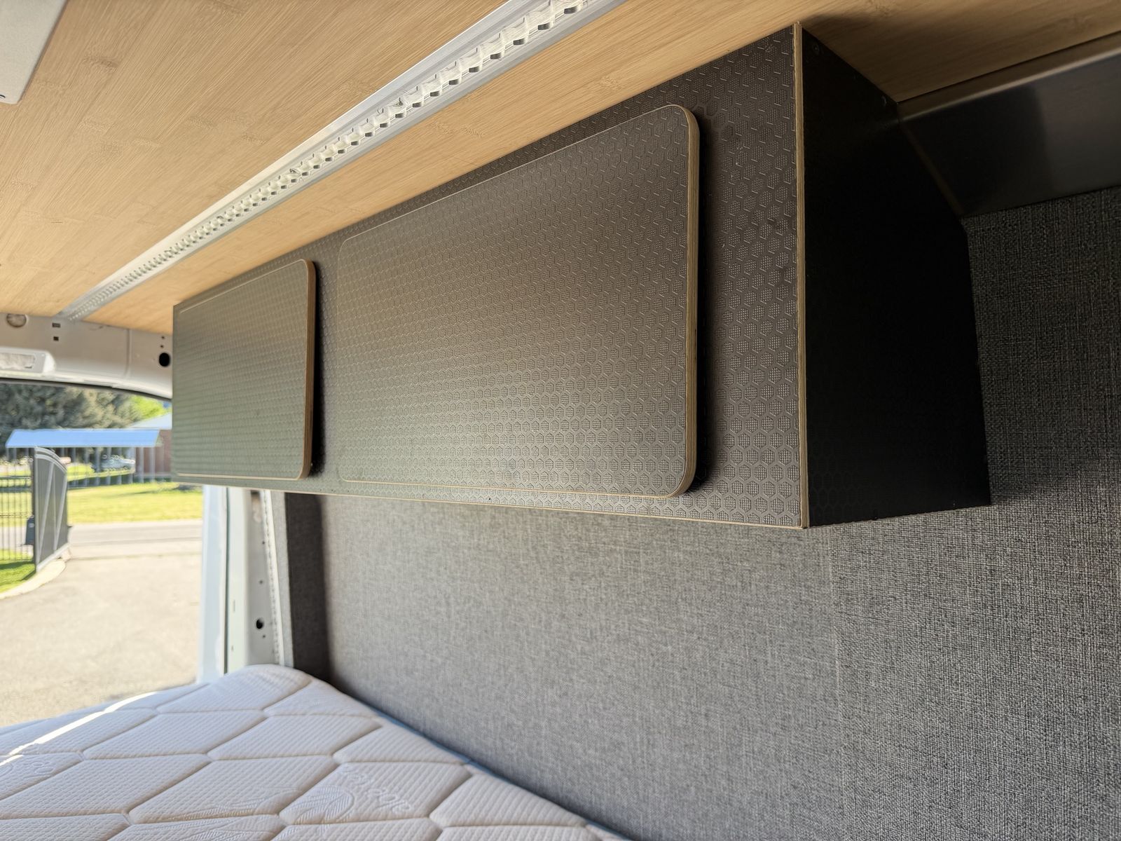 Camper Van Overhead Storage Cabinets light Hex Pattern. Ford transit sprinter