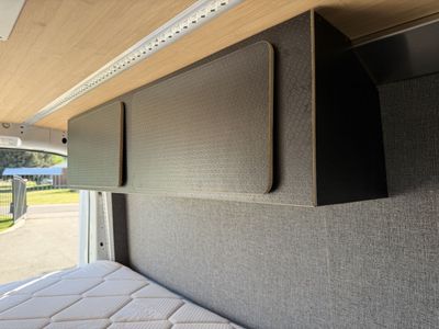 Camper Van Overhead Storage Cabinets light Hex Pattern. Ford transit sprinter