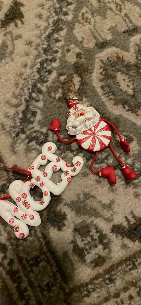 Noel and Santa peppermint Christmas ornaments