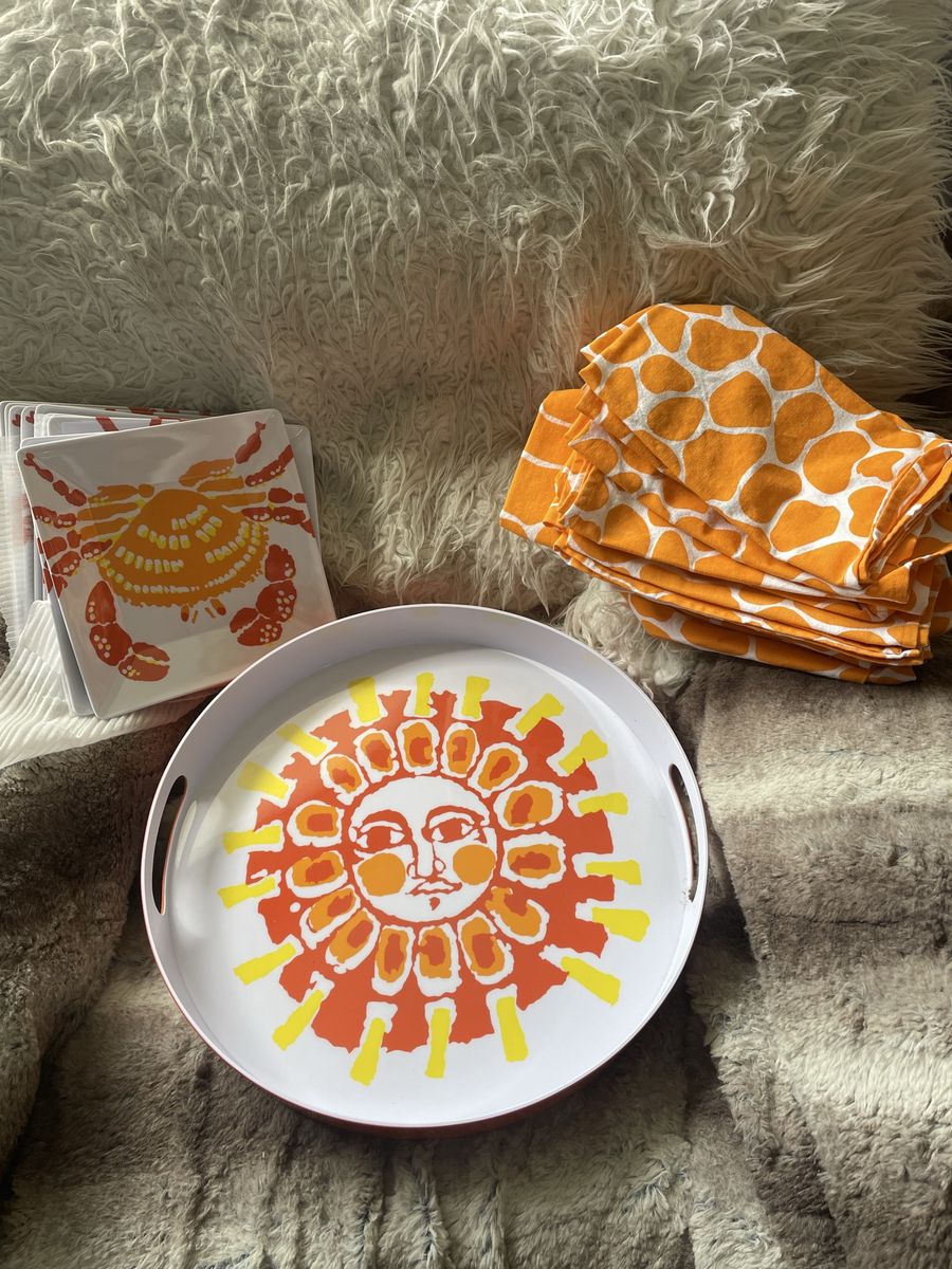 West Elm outdoor plates napkins and tray.