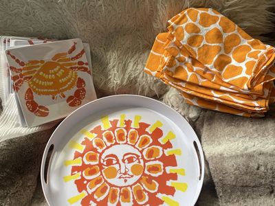 West Elm outdoor plates napkins and tray.