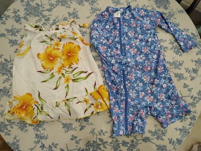 size 6-9 month girl clothing, can split, swimsuit, dress, leggings