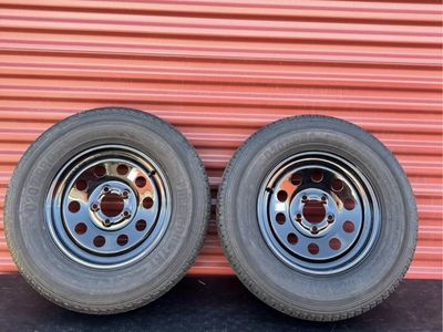 Set of 2 Free Country ST 205/75 R 15 Trailer Tires Mounted on Black Mod Wheels 8 Ply E Load Brand New