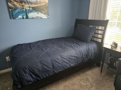 Twin dark brown solid wood bedframe +mattress+boxspring