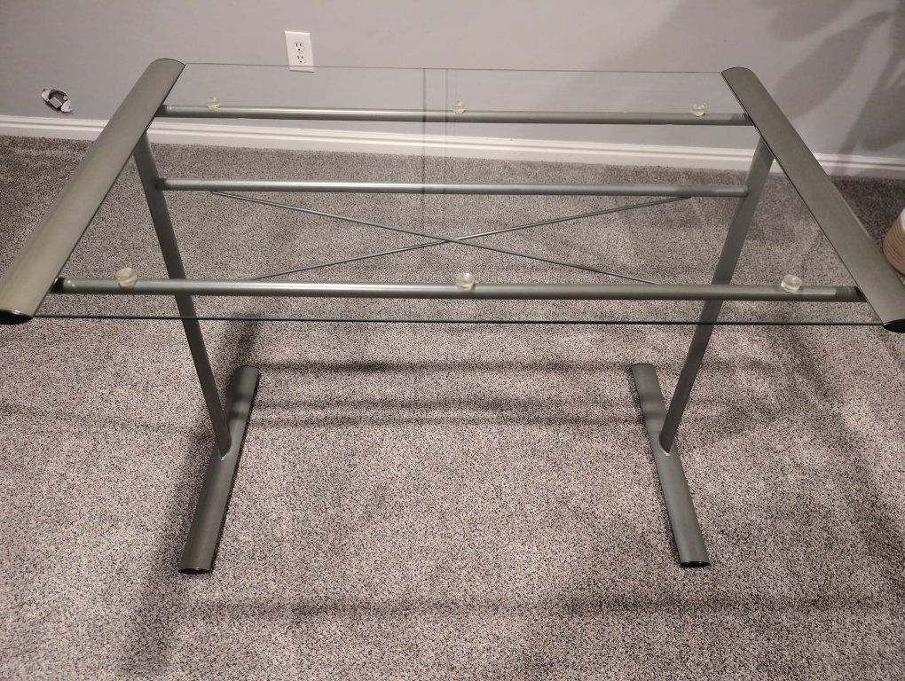 Contemporary Glass Top Metal Frame Desk/Console Table, Gray Finish