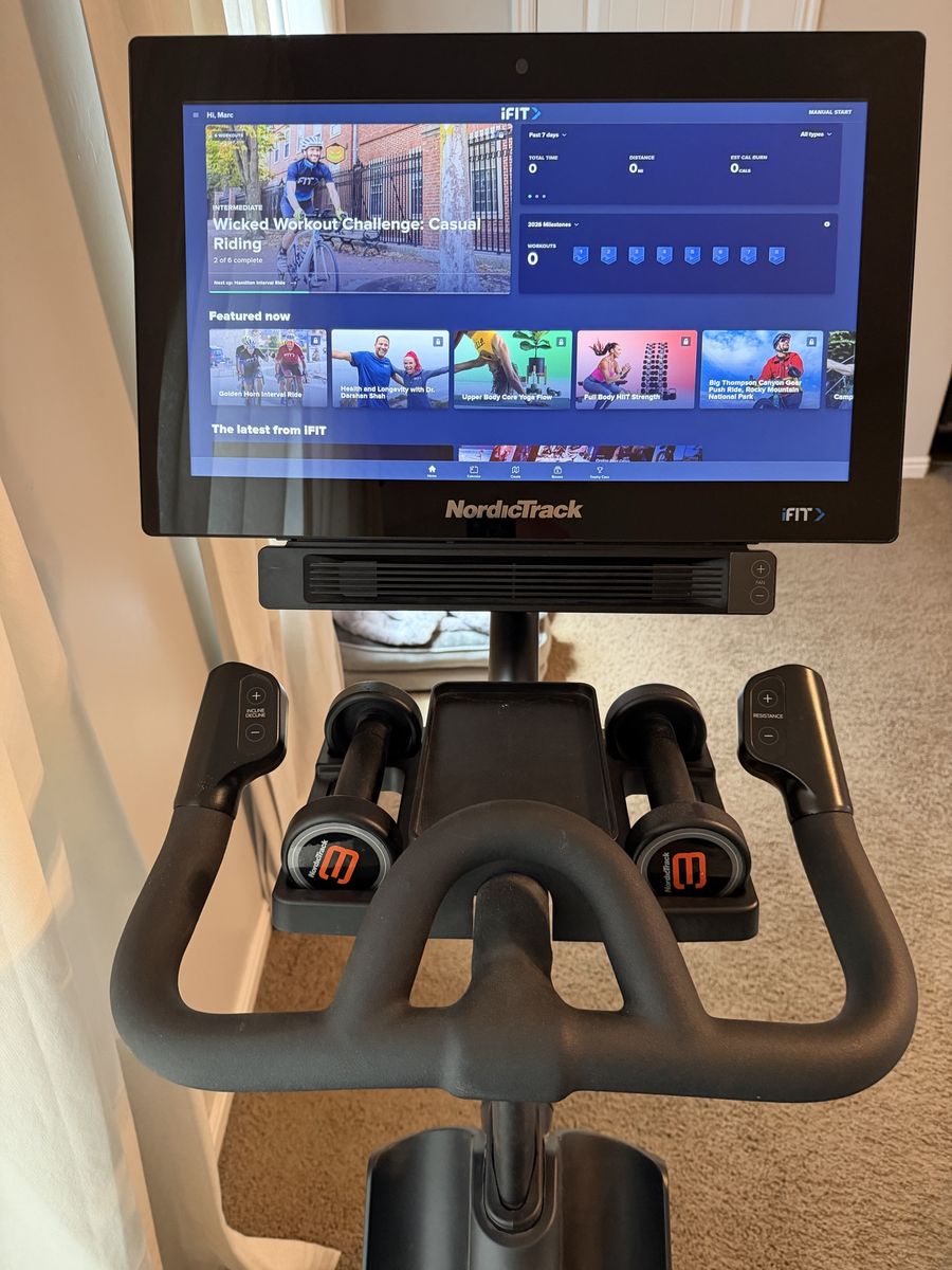 NordicTrack Commercial S22i Studio Cycle Smart Exercise Bike with iFit Display and Dumbbells